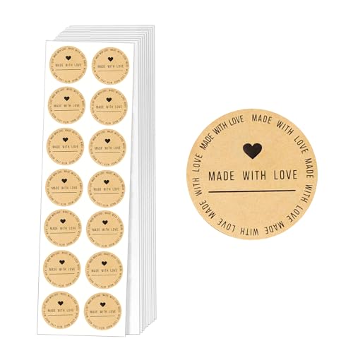 WedDecor Made With Love Aufkleber Etiketten Selbstklebend Umschlag Siegelpapier Aufkleber zum Backen Verpacken, Dekorative Geschenke, Verpackungsbedarf, Beige Schwarz Herz, 100 Stück von WedDecor