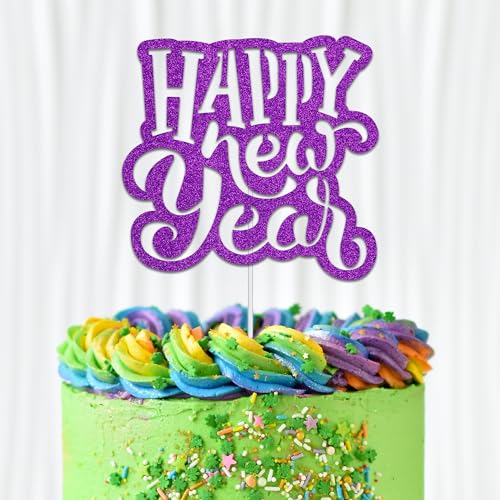 WedDecor Tortenaufsatz "Happy New Year", violett, glitzernd, Aufschrift "Goodbye 2023 Hello Welcome 5,134.0 cm, Silvester, Kuchenpicks für Winter, Weihnachten und Feiertage, Party-Feier, von WedDecor