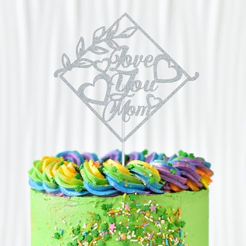 WedDecor Tortenaufsatz mit Aufschrift "Love You Mom", silberfarben, glitzernd, mit Herzmotiv, für Muttertagsfeier, Geburtstagstortendekoration, Themenparty-Zubehör von WedDecor