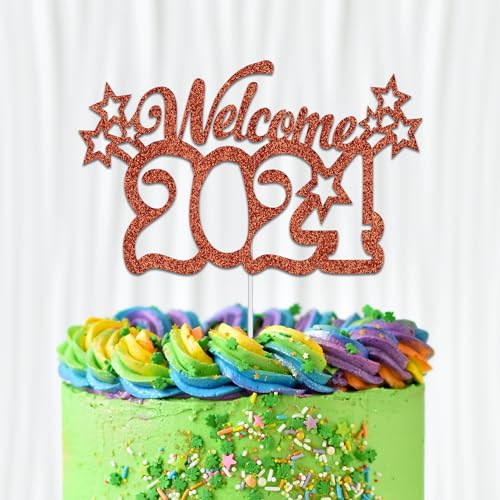 WedDecor Welcome 2024 Orange Glitter Cake Topper Goodbye 2023 Hello Cheers To 2024 New Year Eve Cake Picks For Winter Festive, Christmas and Holiday Party Celebration, Decoration Supplies von WedDecor