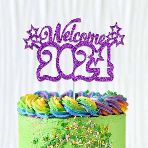 WedDecor Welcome 2024 lila Glitzer-Kuchenaufsatz "Goodbye 2023 Hello Cheers To 2024 Silvester", für Winterfeste, Weihnachts- und Feiertagsfeiern, Dekorationszubehör von WedDecor