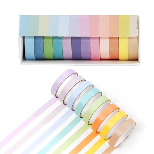 WeddHuis 12 Rollen Washi Tape Set, Regenbogen Masking Tape, Dekorative Washi Tape, Kinder Klebeband für Scrapbooking, Handwerk Und Bullet Journals (2m x 7,5 mm/Rollen) (Bunt) von WeddHuis