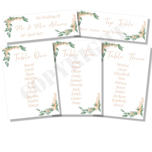 Personalisierbare Hochzeits-Tischplan-Platzdekoration, Blätter, Staubblätter, Zeremonie-Karten (1 Postkarte), A5, elfenbeinfarbenes Kraftpapier von Wedding Cards