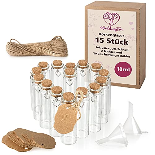 WeddingTree 15x Mini Glasflaschen mit Korken 18ml - Kleine Glasflaschen zum Befüllen - Reagenzglas mit Korken Glas für Hochzeit - Gewürzgläser klein - Mini Gläser mit Korken als Gastgeschenke Hochzeit von WeddingTree