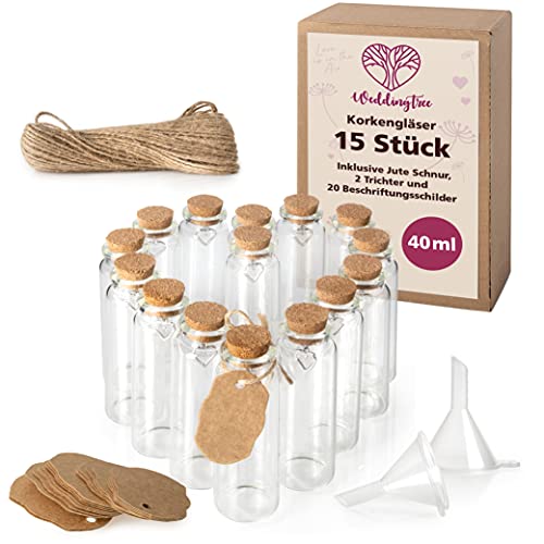 WeddingTree 15x Mini Glasflaschen mit Korken 40ml - Kleine Glasflaschen zum Befüllen - Reagenzglas mit Korken Glas für Hochzeit - Gewürzgläser klein - Mini Gläser mit Korken als Gastgeschenke Hochzeit von WeddingTree