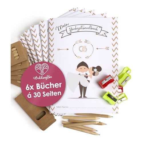 WeddingTree 6x Hochzeitsmalbuch Kinder - Malbuch Hochzeit für Kinder mit Buntstifte und Anspitzer – Gastgeschenke Hochzeit - Hochzeit Malbuch Kinder von WeddingTree