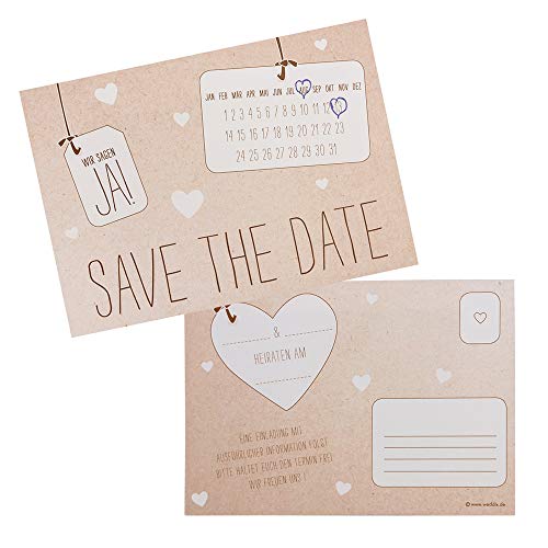 Weddix 30 er Set Save the Date Karten für die Hochzeit im Kraftpapier Optik mit Herzen - praktisches Postkarten Design im rustikalen Vintage Look von Weddix