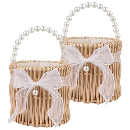 Wedhapy Rattan Korb Blumenmädchen Korb 2er Set Rattan Blumenkorb mit Perlengriff und Schleife dekorative Blumenmädchen Körbe für Hochzeitszeremonien Typ 2 von Wedhapy