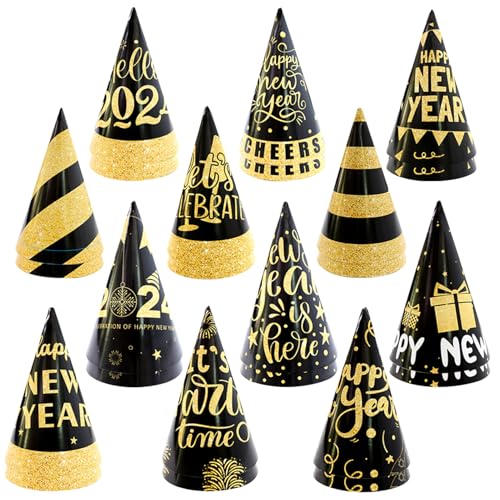 Wedhapy Silvester Partyhüte 2024 Frohes Neues Jahr Stirnband 24 pcs verjüngte Schwarze Gold Glitter Party Hüte für Erwachsene Kinder 4,1 Zoll Durchmesser Neujahrdekorationen mit Seil von Wedhapy
