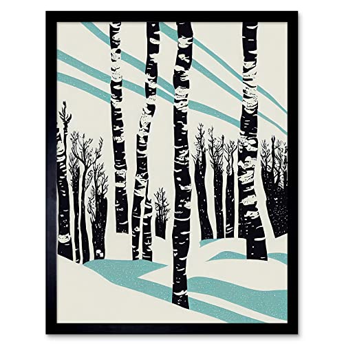 Wee Blue Coo Modern Birch Tree Forest in Winter Modern Stencil Design Monochrome and Teal Art Print Framed Poster Wall Decor 12x16 inch von Wee Blue Coo