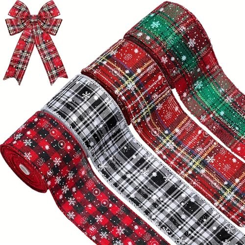 WeeQil 4 Stück Geschenkband Weihnachten Weihnachtsbaum Deko Dekoration Band Bänder Seidenband für Geschenke Kariert 4 Rolls of Christmas Gift Present Decorations Ribbon 6cm Breit von WeeQil