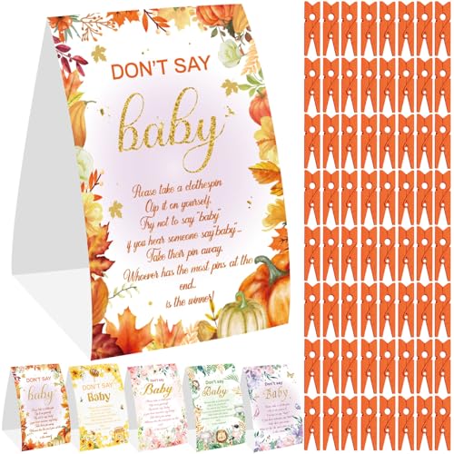 Weecent Babyparty-Spiele, Little Pumpkin Babyparty-Spiele 2 Don't Say Baby Game Schild und 50 Mini-Wäscheklammern, Herbst-Babyparty-Dekorationen, Partyzubehör von Weecent