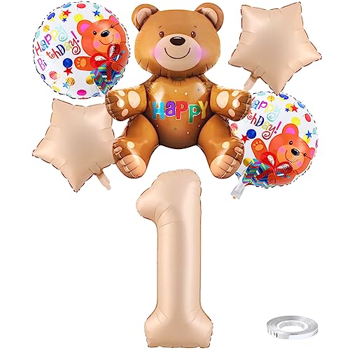 Weenkeey 1 Jahre Bären Geburtstag Deko Große Bär Folienballon 1. Geburtstag Bär Ballon Karamell Zahl 1 Luftballon für Mädchen Jungen Geburtstag Party von Weenkeey