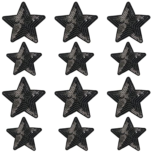 Weenkeey 12 Stück Stern Pailletten Patches Pentagramm Aufbügeln Applikationen Bling Stern Gestickte Aufnäher für Kleid Jeans Jacken Hüte Taschen Schuhe - 2 Größen Schwarz von Weenkeey