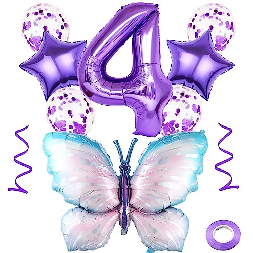 Weenkeey 4 Jahre Schmetterling Geburtstag Deko Große Bunt Schmetterling Folienballon 4. Geburtstag Schmetterling Luftballon Lila Zahl 4 Luftballon für Mädchen Geburtstag Party von Weenkeey
