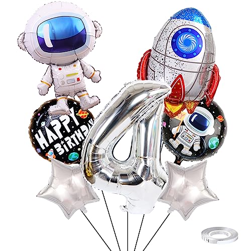 Weenkeey 4. Geburtstag Weltraum Luftballons Riesen Astronaut Rakete Folienballons Silber Zahl 4 Helium Ballon 4. Geburtstag Luftballons Raummann Mylar Balloon für Junge Geburtstag Party von Weenkeey