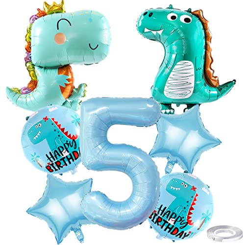 Weenkeey 5 Jahre Dinosaurier Geburtstag Dekoration Großes Dinosaurier Happy Birthday Luftballon 5. Geburtstag Dino Heliumballon Hellblau Zahl 5 Folienballon für Dino Party Junge Geburtstag Party von Weenkeey