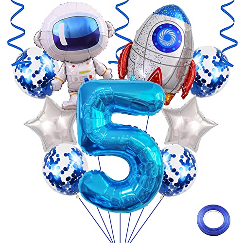 Weenkeey 5. Geburtstag Weltraum Luftballons Riesen Astronaut Rakete Folienballons 32 Zoll Blau Zahl 5 Helium Ballon 5. Geburtstag Luftballon Raummann Mylar Balloon für Junge Geburtstag Party von Weenkeey