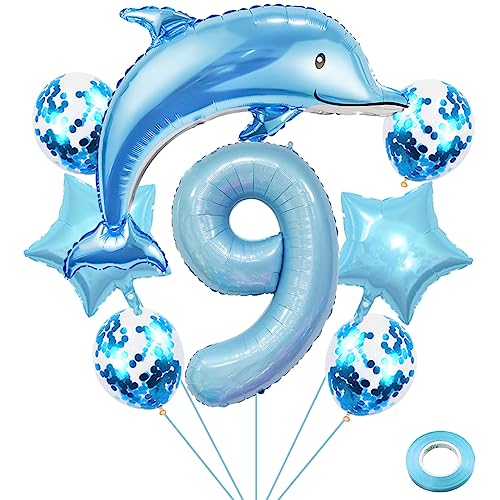 Weenkeey 9 Jahre Delfin Geburtstag Deko: 10-teiliges Set mit Delphin, Zahl 9, Sternen, Konfetti und Stroh - Hellblau - BALLOON - Jungen (9 Jahre) - Unisex - Kinder - Geburtstag von Weenkeey