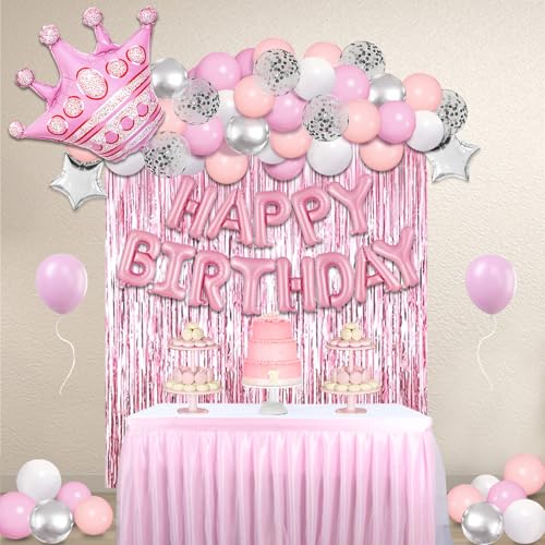 Rosa Geburtstagsdekorationen für Mädchen und Frauen, rosa silberne Luftballons Krone Happy Birthday Banner Silber Pentagramm Folienballons Fransenvorhänge für Frauen Mädchen Geburtstag Rosa von WeiRenLuan