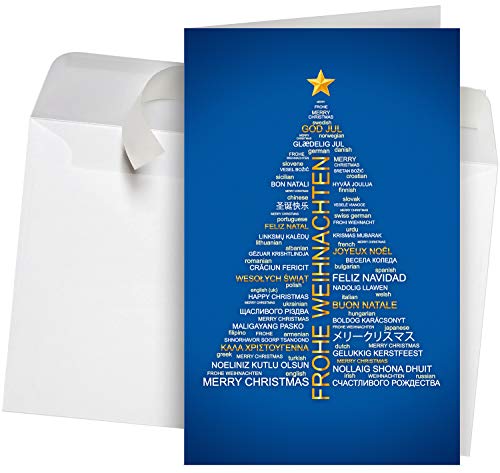 50 Premium Weihnachtskarten mit Umschlag Set für Firmen, hochwertige Klappkarten 12 x 19 cm groß, internationale Weihnachtsgrüße Wordcloud-Baum blau von Weihnachtskarten-Shop