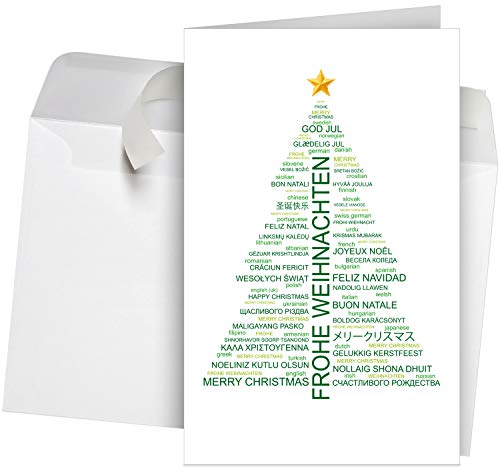 50 Premium Weihnachtskarten mit Umschlag Set für Firmen, hochwertige Klappkarten 12 x 19 cm groß, internationale Weihnachtsgrüße Wordcloud-Baum von Weihnachtskarten-Shop