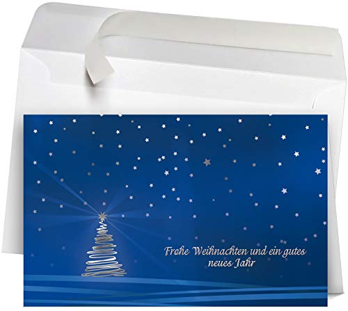 50 Premium Weihnachtskarten mit Umschlag Set für Firmen, hochwertige Klappkarten 19 x 12 cm groß, Sternenhimmel Weihnachtsbaum blau von Weihnachtskarten-Shop