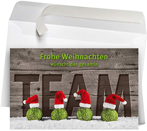 50 Premium Weihnachtskarten mit Umschlag Set für Firmen, hochwertige Klappkarten 19 x 12 cm groß, Team Mützen auf Kugeln Holz von Weihnachtskarten-Shop