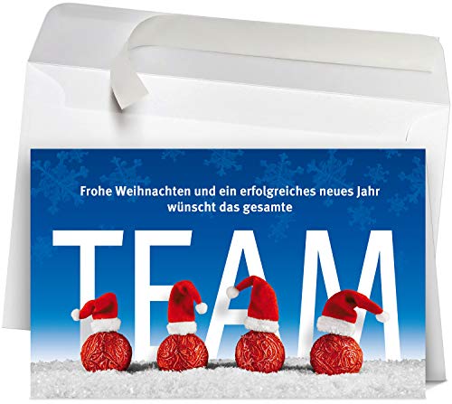 50 Premium Weihnachtskarten mit Umschlag Set für Firmen, hochwertige Klappkarten 19 x 12 cm groß, Team Mützen auf Kugeln blau von Weihnachtskarten-Shop