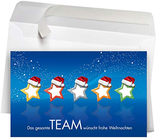 50 Premium Weihnachtskarten mit Umschlag Set für Firmen, hochwertige Klappkarten 19 x 12 cm groß, Team Sterne blau von Weihnachtskarten-Shop