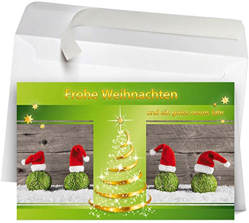 50 Premium Weihnachtskarten mit Umschlag Set für Firmen, hochwertige Klappkarten 19 x 12 cm groß, Team Weihnachtsbaum Mützen grün von Weihnachtskarten-Shop