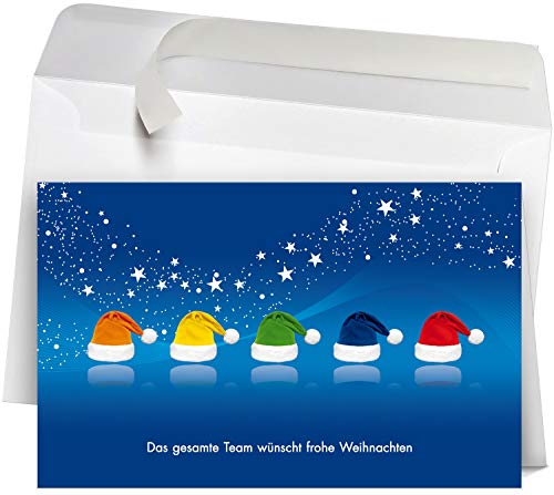 50 Premium Weihnachtskarten mit Umschlag Set für Firmen, hochwertige Klappkarten 19 x 12 cm groß, Team bunte Mützen blau von Weihnachtskarten-Shop