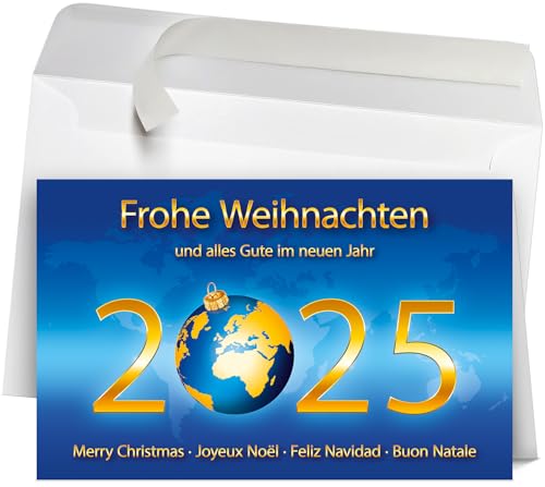 50 Premium Weihnachtskarten mit Umschlag Set für Firmen, hochwertige Klappkarten 19 x 12 cm groß, internationale Weihnachtsgrüße zum Jahr 2025 von Weihnachtskarten-Shop