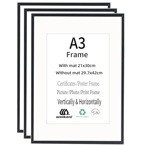 Weikani A3-Bilderrahmen mit A4-Matte, 3 Stück, 29,7 x 42 cm, Holz-Bilderrahmen, Urkundenrahmen mit Plexi-glas für Wandmontage oder Tischaufstellung von Weikani