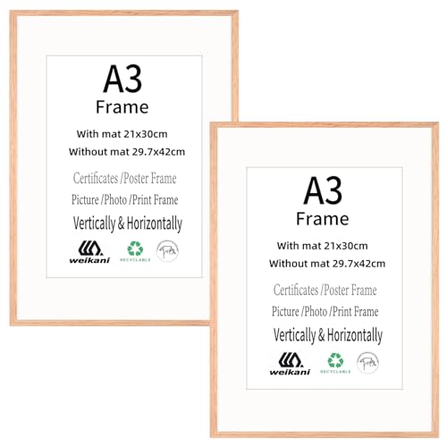 Weikani A3 Holz Bilderrahmen mit Matte,2 Pack-29.7x42 cm EICHE Holz Fotorahmen,Urkundenrahmen mit Plexiglas für Wandmontage oder Tischaufsteller von Weikani