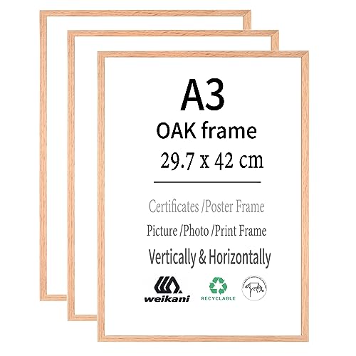 Weikani A3 Holz Bilderrahmen mit Matte,3 Pack-29.7x42 cm EICHE Holz Fotorahmen,Urkundenrahmen mit Plexiglas für Wandmontage oder Tischaufsteller von Weikani