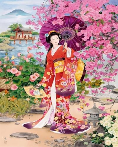 Weiniuniu Kreuzstich Stickpackung Sakura-Kimono-Frau DIY Stickvorlagen Stickbilder 11CT Vorgedruckt Kreuzstich Set für Anfänger Home Decor 50X70 cm von Weiniuniu