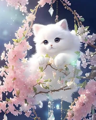 Weiniuniu5D DIY Diamond Painting KitSakura-Katze Kristall-Strasssteinen Bilder Set Diamond Arts Craft Malerei Erwachsene Home Wanddekoration 50x70 cm von Weiniuniu