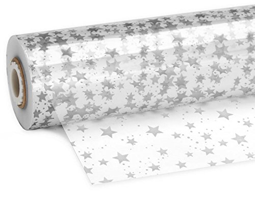 Weinkarton24 Klarsichtfolie Sterne Silber 70 cm x 100 m, Geschenkfolie, Stärke 28µ von Weinkarton24
