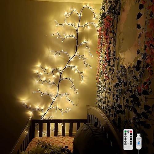 Weinsamkeit Lichterkette Willow Vine, 144 LEDs USB Weidenrebe Baum Lichter, 8 Modi Beleuchtete Weidenrebe Baum Lichter mit Fernbedienung, für Innen Wanddeko Room Schlafzimmer Deko von Weinsamkeit