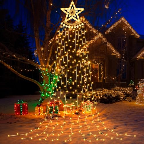 Weinsamkeit Weihnachtsbeleuchtung Außen, 350Leds, 9 Stränge, 3.5M, Lichterkette Weihnachtsbaum mit Sterne 8 Modi Lichtervorhang, Wasserdicht, Lichterbaum Aussen für Garten Party (Warmweiß) von Weinsamkeit