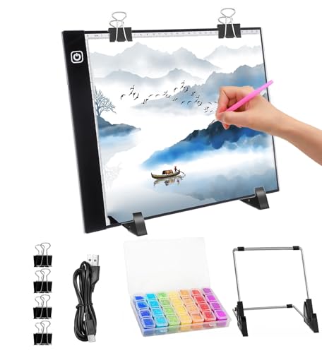 Leuchttisch A4, Leuchtplatte mit Ständer, 3 Einstellbare Helligkeit, 3mm Ultra dünn, Diamond Painting Zubehör für Kinder, LED Licht Pad, Lichtpad für Designen Zeichnen Skizzieren von Weiongppy