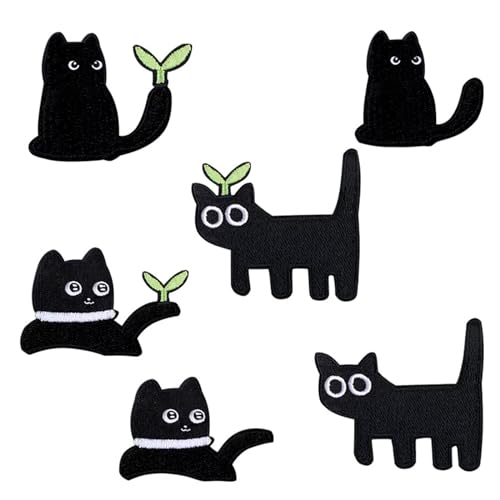 Weixuea Aufnäher zum Aufbügeln, 6 Stück, niedliche schwarze Katze, bestickt, ideal für Taschen, Gepäck, Handyhüllen, Kleidung, Jacken und Hüte von Weixuea