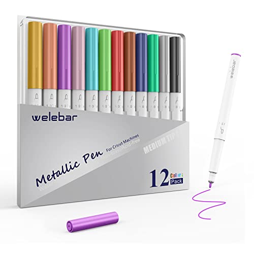 Welebar Metallic Marker Stifte für Cricut Maker 3/Maker/Explore 3/ Air 2/Air, 12 Stück Assorted Farben, 1,0 Medium Point Metallstifte für Kalligraphie Zeichnen, Kompatibel mit Cricut Schneidemaschine von Welebar