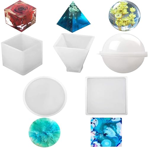 Welhammsae Resin Silikonform Gießform Set, 5 Stück Resin Silikonform Gießform, Kugel, Würfel, Pyramide, Quadrat, Rund, DIY Resin Schmuck Crafting von Welhammsae