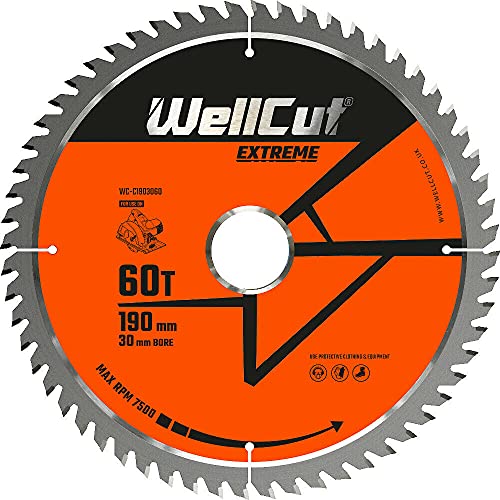 WellCut TCT Sägeblatt Extreme, Durchmesser 190 mm, 60 Zähne, 30 mm Bohrung, 2,4 mm Blattstärke, korrosionsgeschützt (???WC-C1903060) von WELLCUT