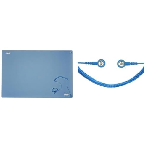 Weller T0051403699 Antistatische ESD Premium Tisch-Lötmatten Set, 900 x 600 mm, Blaue Lötmattensatz & Safeguard WL42090 ESD Spiralkabel, 2 MOhm, 10/10mm Druckknopf, 3.6m, Hellblau von Weller