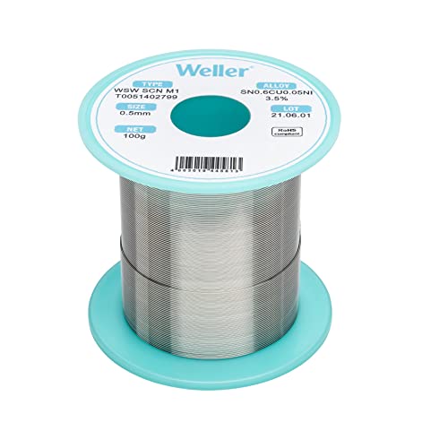 Weller WSW SCN M1 (T0051402799) Bleifreier Lötdraht, 0,5 mm, Legierung Sn99.3Cu0.6Ni0.05, Flussmittelgehalt 3,5%, 100 g Silber von Weller