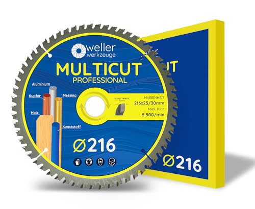 WELLERWERKZEUGE | Profi MULTICUT Kreissägeblatt Sägeblatt 216x30mm + 25mm 60 Zähne für Holz Kunststoff Aluminium passend für Akku Kreissäge Tischsäge wie Bosch Metabo Einhell von Wellerwerkzeuge