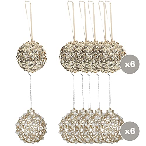 6 Stück Gold Glitzerkugeln + 6 Goldkugeln mit eingelegten Perlen 8 cm Durchmesser von WELL HOME MOBILIARIO & DECORACIÓN